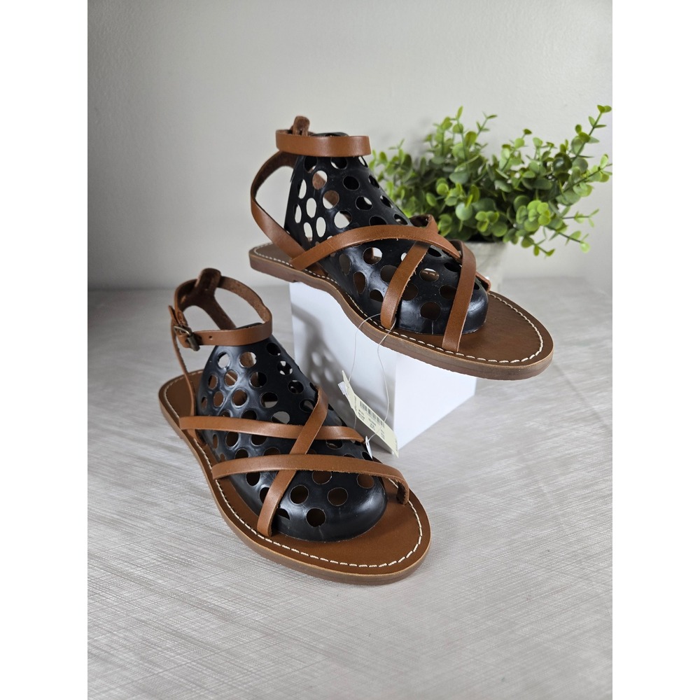 Madewell Women Brown Black Leather Perforated Strappy Sandals AH746 Size 7.5 NEW
